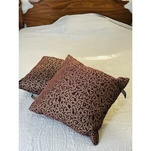 Two Borgata Scroll Floral Pattern Maroon Gold 15” Throw Pillows Turkish Textured